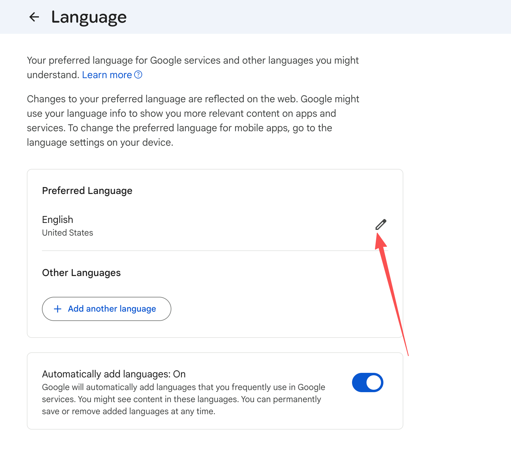 Google 语言设置页面，铅笔编辑图标位置