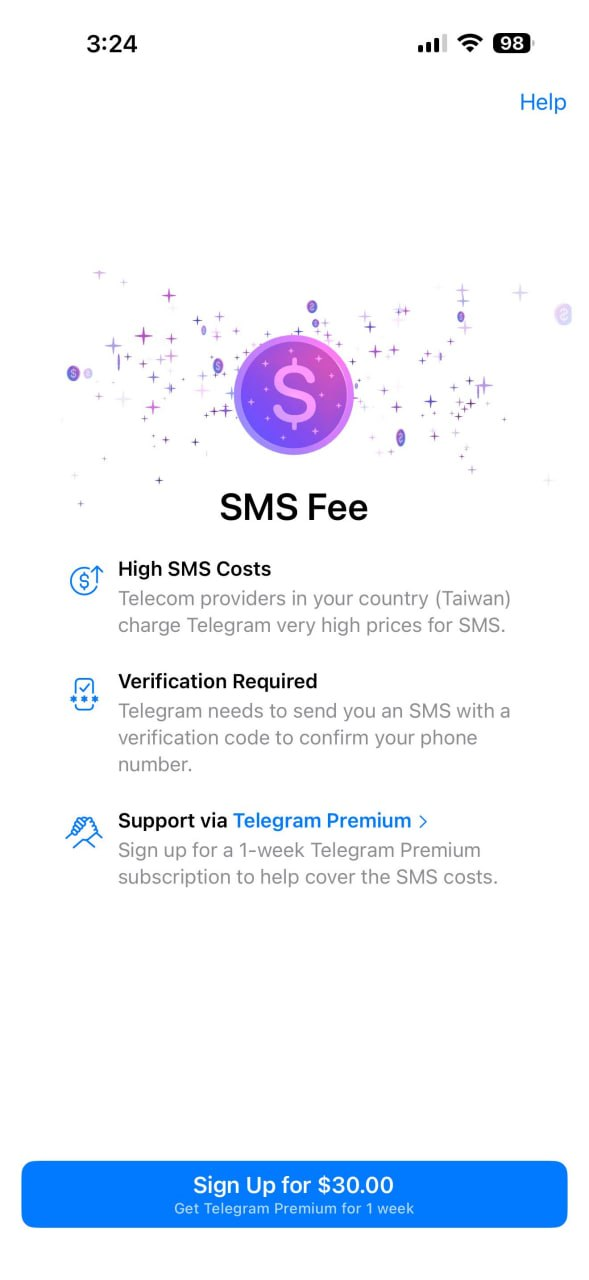 Telegram SMS Fee 收费提示截图